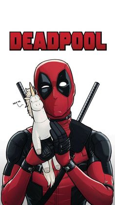 deadpool is holding a cat in his hand