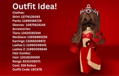 a woman in a red dress with a tiara on her head and the words outfit idea above it