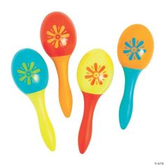 three different colored plastic spoons with flower designs on the top and bottom one is yellow, orange, and blue