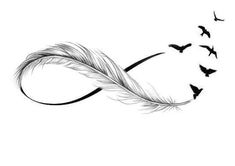 a black and white drawing of birds flying in the sky with a feather on it's tail