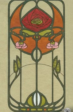 an art nouveau style stained glass window with a rose in the center and leaves on it