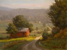 a painting of a country road with a red barn