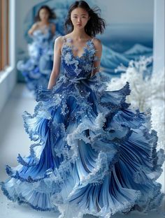 Ocean Runway Fashion, Concept Dresses Fashion, Ocean Dress Inspiration, Water Inspired Clothes, Ocean Outfit Ideas, Fish Scale Dress, Sea Creature Inspired Fashion, Two In One Dress, Fashion Design Idea