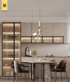 an image of a modern kitchen setting with marble table and chairs in front of the counter