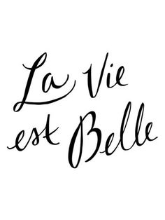 the words la vie est belle written in cursive ink on a white background