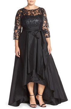 Adrianna Papell Illusion Lace Plus Size High Low Dresses, Black Plain Dress, Plus Size Bridal Dresses, High Low Gown, Taffeta Skirt, Curvy Fashionista, Gown Plus Size