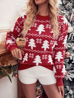 Christmas Pattern Drop Shoulder Sweater Red and White Casual  Long Sleeve Knitwear Christmas,All Over Print Pullovers Slight Stretch  Women Clothing, size features are:Bust: ,Length: ,Sleeve Length: Ladies Tops Patterns, Knitwear Style, Baby Frock Pattern, Frock Patterns, Crochet Ladies Tops, Drop Shoulder Sweater, Estilo Preppy, Ladies Top, Modern Crochet