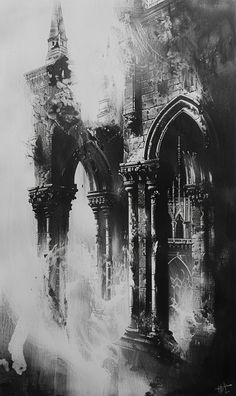 An old church stands quiet, where only the wind tells stories of the past, just like the ones in this picture. Black Gray And White Aesthetic, Dark Cathedral Art, Old City Aesthetic Dark, Churches Drawing, Gothic Church Tattoo, Old Church Aesthetic, Goth Painting Ideas, Ethereal City, Church Drawing