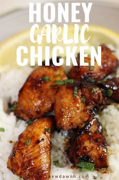 honey garlic chicken on top of white rice in a bowl with the title overlay