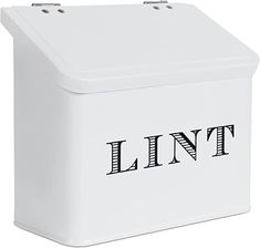 a white lunch box with the word lint printed on it's front and sides