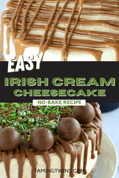 an easy irish cream cheesecake with chocolate drizzle on top