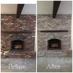 before and after pictures of a brick fireplace