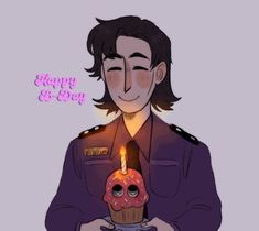 a drawing of a man holding a cupcake with a lit candle in his hand