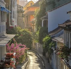 the sun is shining down on an old city street with flowers growing along the sidewalk