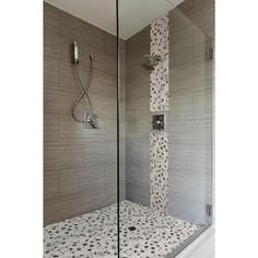 two pictures of a shower with the same tile pattern as it appears in this photo