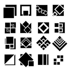 black and white geometric shapes on a white background, including squares, rectangles, lines, and more