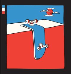 a skateboarder riding down the side of a red and blue hill with mountains in the background