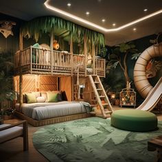 a bedroom with a slide and palm trees on the wall, green rugs in front of it