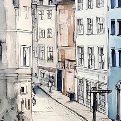 a drawing of some buildings on a city street