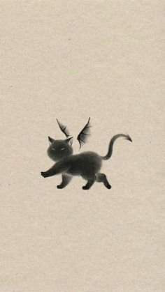 a black and white photo of a cat flying with a bird on its back in the sky