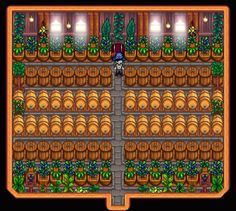 an old - school computer game with lots of barrels in the center and plants growing inside