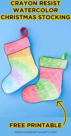 two christmas stockings with the words crayon resist watercolor christmas stockings on them