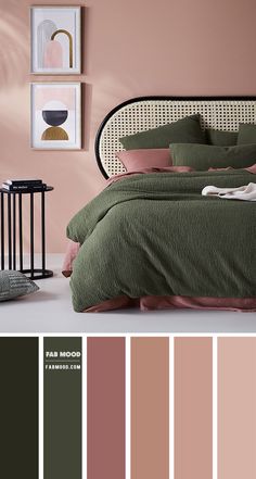 a bedroom with pink walls and green bedspread in the center, along with various color swatches