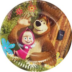 a plate with an image of masha and the bear on it