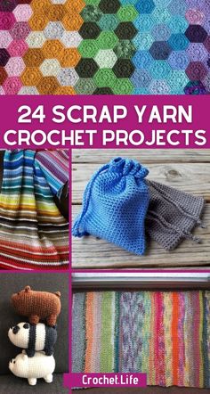 crochet projects with text that reads, 24 scrap yarn crochet projects