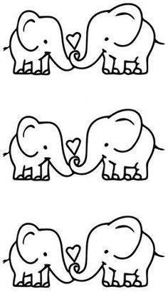 three elephants with hearts on their backs and one elephant holding the other's trunk