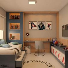 a bedroom with a bed, desk and pictures on the wall