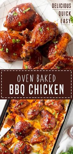 oven baked bbq chicken on a white platter with parsley garnish