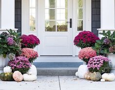 two planters filled with flowers sitting in front of a door