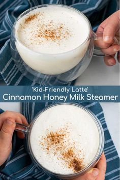 two pictures showing how to make homemade cinnamon honey milk