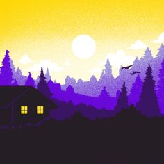 an image of a house in the woods at night with bats flying over it and full moon