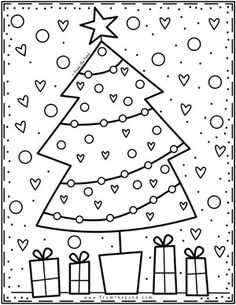 a christmas tree with presents under it and hearts around the base in black and white