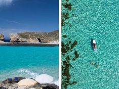 two pictures one with a boat in the water and another with an island in the background