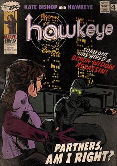 an old comic book cover with two people in the background