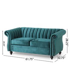 an image of a blue couch with measurements