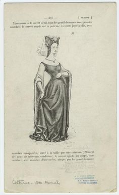 an old fashion drawing of a woman in a long dress with a veil on her head