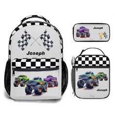 This personalised set is the perfect combination of beautiful printing and versatile user-friendly features. It's high quality print shows Monster Trucks ready for the race with their black and white flags waving, while it's sturdy construction features smooth zipper function, several pockets and a spacious main compartment. Adjustable slide shoulder straps ensure a comfortable fit, while the front zippered pocket provides easy access to essentials like phone, keys, and trinkets. It's compact si Back To School Character Bag Rectangular, Back To School Multicolor Bags With Character Print, Playful School Bag With Character Print, Box Pencil Case, Character Backpack For Back To School, Rectangular Shape, Black And White Flag, School Rucksack, Monster Trucks For Children Garbage Truck, Satchel Tote Bag