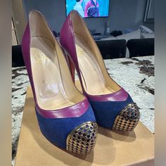 Excellent Unique Shoe Only Worn A Few Times. They Don’t Make This Metal Toe Style Anymore So These Are Fairly Rare. Size 37. Box And Heel Tips Included. Designer Purple Leather Heels, Shoes Louboutin, Unique Shoe, Gold Tips, Fancy Shoes, Unique Shoes, Purple Leather, Louboutin Shoes, Christian Louboutin Shoes