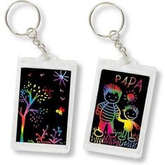 two key chains with pictures on them