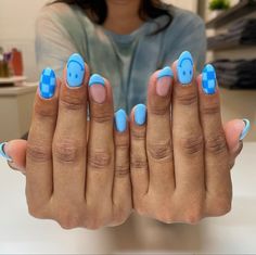 Fun Blue Nails, Spring Colors For Nails, Colors For Nails, Rounded Acrylic Nails, Checkered Nails, Trendy Shades, Nail Looks, Back To School Nails, Simple Acrylic Nails