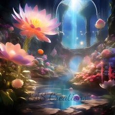 an image of a fantasy scene with flowers and water