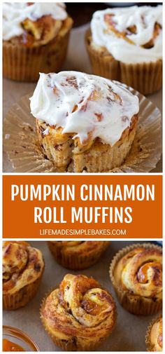 pumpkin cinnamon roll muffins with frosting on top