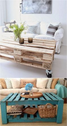 a coffee table made out of pallets with two vases on top and one potted plant in the middle