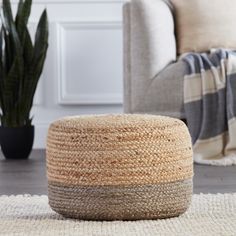 a living room with a chair, rug and potted plant