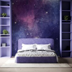 a bedroom with purple walls and white bed in front of the space mural on the wall