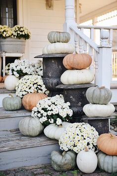 several pumpkins and flowers on the steps of a house with white hydrangeas